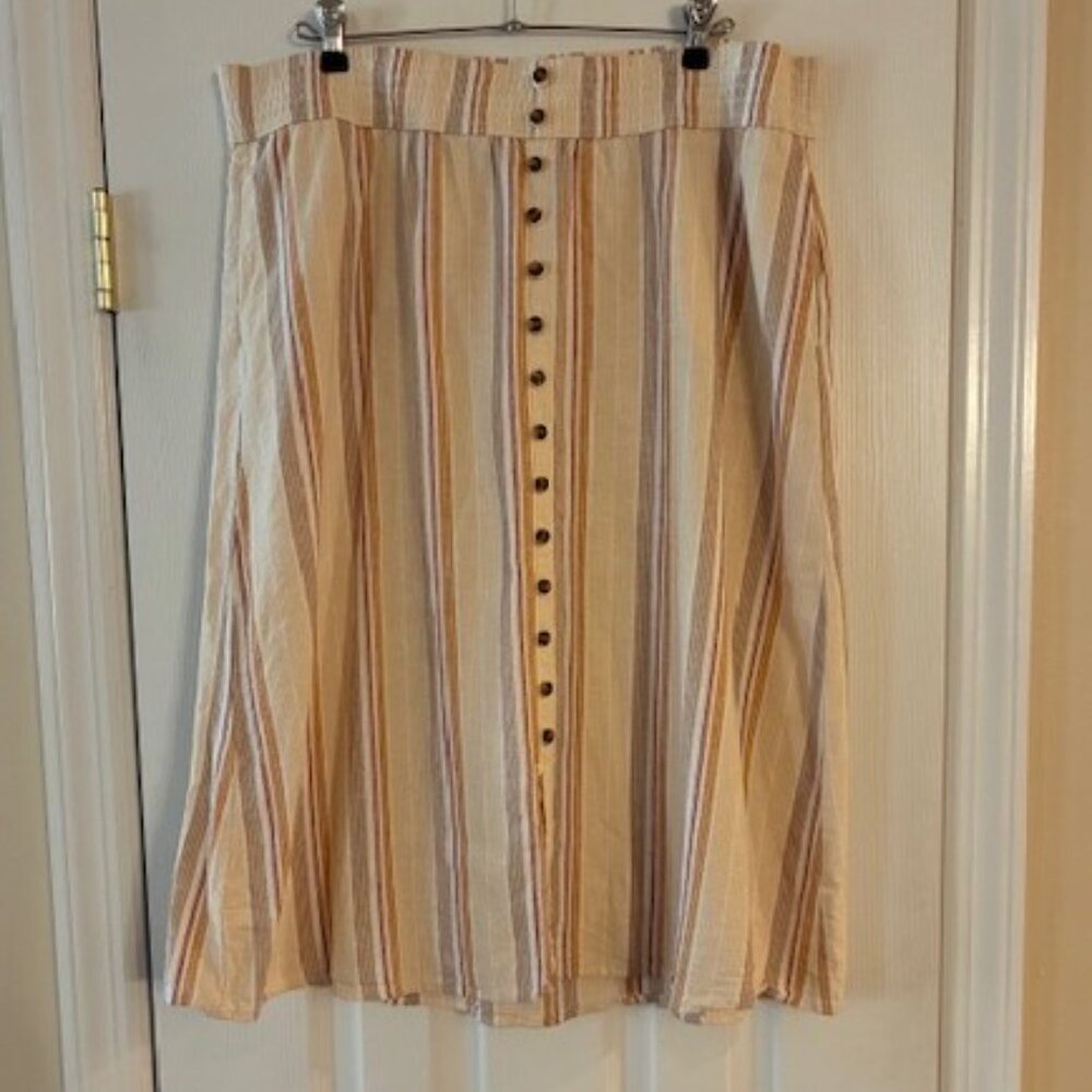 Sonoma Women's Linen Blend Beige Striped Buttons Elastic Midi Skirt Size Large